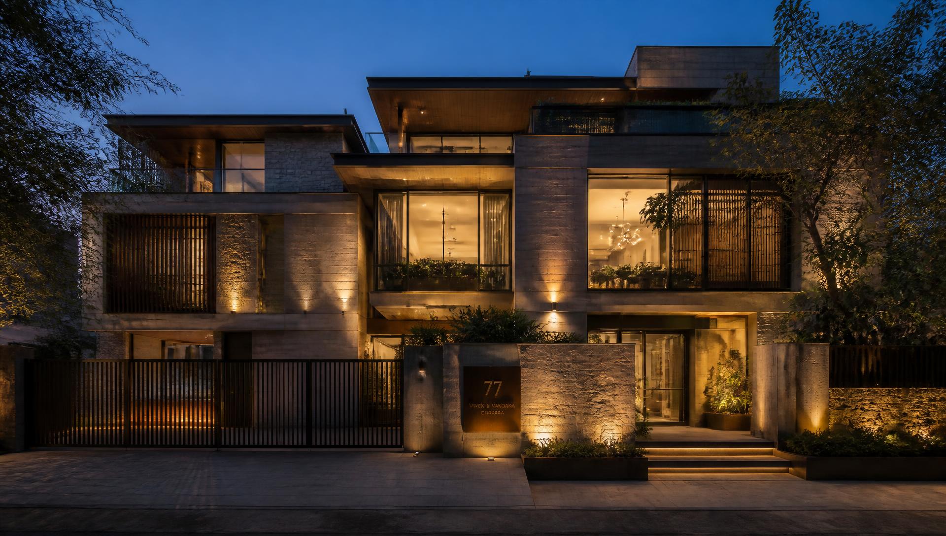 Contemporary luxury villa at dusk, built by True Cost Builders